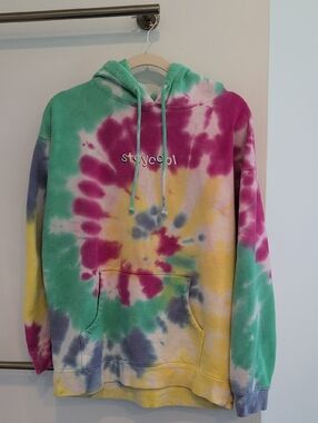 Tie-Dye "staycool" Embroidered Hoodie - Green, Pink, Yellow